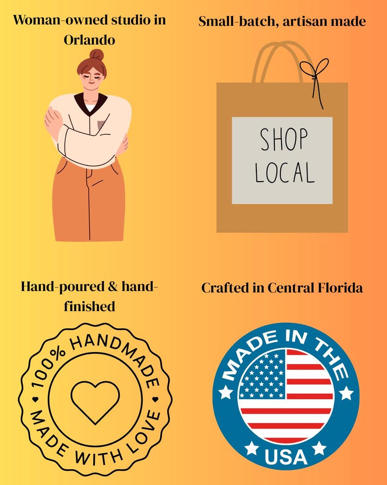 K&ouml;nnte beinhalten: Illustration mit Text: "Studio im Besitz einer Frau in Orlando", "Kleinserien, handwerklich hergestellt", "Shop Local", "Handgegossen & handveredelt" und "Hergestellt in Zentralflorida". Enth&auml;lt auch zwei runde Siegel.