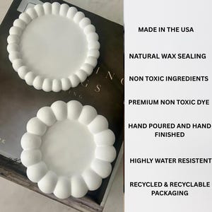 May include: Two white resin coasters with a scalloped edge are displayed. The coasters are round with a flat center and a raised, rounded border. Text in the image reads "OUR ECO RESIN PRODUCTS" and lists features like "MADE IN THE USA" and "HIGHLY WATER RESISTENT."