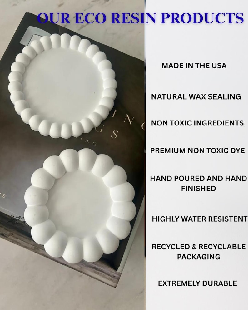 May include: Two white resin coasters with a scalloped edge are displayed. The coasters are round with a flat center and a raised, rounded border. Text in the image reads "OUR ECO RESIN PRODUCTS" and lists features like "MADE IN THE USA" and "HIGHLY WATER RESISTENT."