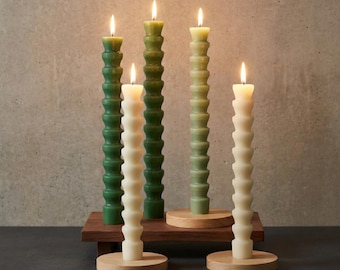 Par de velas cónicas de bambú hechas a mano, velas verdes esculturales para cena, decoración moderna de mesa, vela minimalista de cera de soja, vela cilíndrica sin perfume.