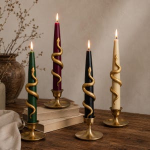 May include: Four lit taper candles in dark green, burgundy, black, and cream, each wrapped in a textured gold-coloured snake ornament. The candles are held in brass-toned metal candle holders, with two resting on stacked books.