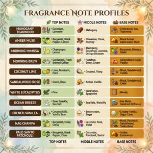 May include: A fragrance note profile chart titled FRAGRANCE NOTE PROFILES, listing ten scents like Mahogany Teakwood and Palo Santo Patchouli. It organizes ingredients into Top, Middle, and Base notes with icons for each, set against a floral border.