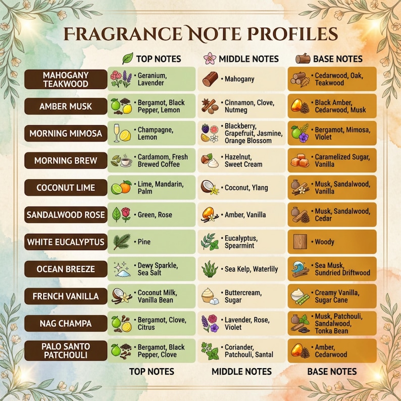 May include: A fragrance note profile chart titled FRAGRANCE NOTE PROFILES, listing ten scents like Mahogany Teakwood and Palo Santo Patchouli. It organizes ingredients into Top, Middle, and Base notes with icons for each, set against a floral border.