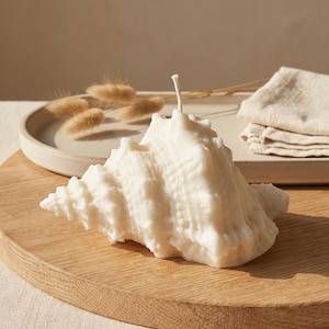 May include: A white seashell-shaped candle with a wick, placed on a wooden board. The candle has a textured surface, resembling a natural shell. In the background, there's a ceramic tray with dried plants and folded linen.