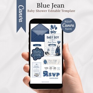 May include: A digital baby shower invitation template displayed on a smartphone screen, featuring a blue denim theme with illustrations of overalls, sneakers, and balloons. The text includes 'A Little Baby Boy Is On His Way', 'Registry', 'Books for Baby', 'Diaper Raffle', and 'RSVP'.