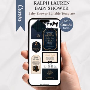 Puede incluir: Una pantalla de smartphone que muestra una plantilla de invitación digital para baby shower con detalles en azul marino y dorado. El diseño incluye un sobre, un botón de registro, una tarjeta de libros, una rifa de pañales y un formulario RSVP.