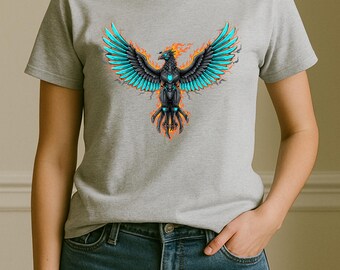 Cyber Phoenix Street Grafik Roboter Flammende Flügel Neon Sci-Fi Art