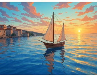 Impressão de veleiro do pôr do sol dourado: arte de parede náutica costeira (download digital)