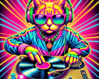 Impresión de arte mural Vaporwave: Póster de gato DJ neón para amantes de la música, descarga digital