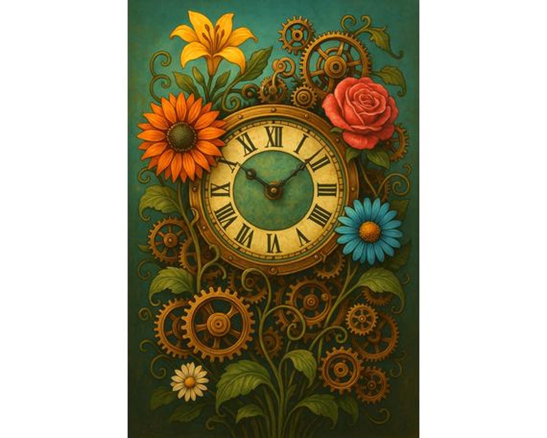 Steampunk Clock Wall Art Print – Floral Vintage Botanical Decor ...
