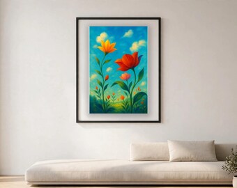 Tulip Wall Art Print – Whimsical Garden Flowers, Bright Spring Decor, (Digital Download)