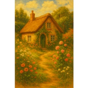 Cottagecore Digital Art Print Cozy Flower Garden Cottage Wall Decor Vintage Pastel Landscape Download