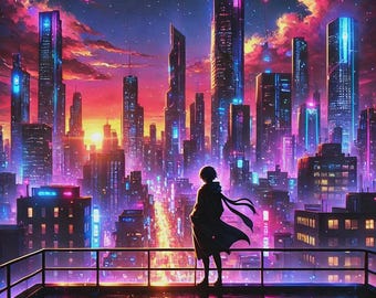 Cyberpunk Neon City Art Print: Futuristic Sci-Fi Sunset (Digital Download, Square Format