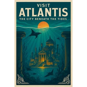 Póster de viaje retro "Visita Atlántida" - Impresión de arte mural de ciudad mítica - Descarga digital - Decoración oceánica vintage audaz - Éxito de ventas