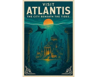 Atlantis Retro Reise Poster: Mythische Unterwasserstadt Kunst (Digitaler Download)