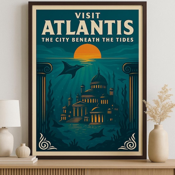 Atlantis Retro Travel Poster: Mythic Underwater City Art (digital