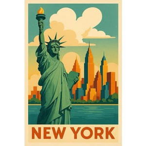 Vintage New York City Travel Poster – Retro Statue of Liberty Digital Art Print, NYC Skyline Wall Decor, Printable Urban Art Download