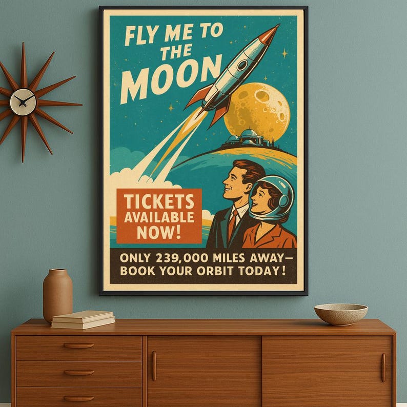 Retro Sci-fi Moon Travel Poster: Mid-century Space Art Print (digital ...