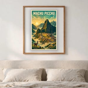 May include: A framed vertical art print featuring a stylized illustration of Machu Picchu with the text "MACHU PICCHU" at the top. The scene depicts a llama in the foreground, terraced ruins, towering mountains, and a bright sun in the sky.