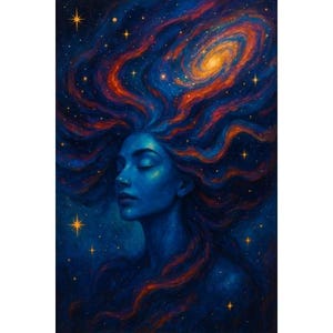 Cosmic Dreamer Digital Art Print – Celestial Surreal Wall Art, Mystical Woman Galaxy Portrait, Boho Digital Download