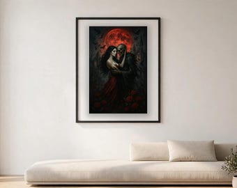 May include: A framed wall art print depicting a woman in a red dress embracing a skeletal figure under a large red moon. The scene includes dark silhouettes of flying birds and red roses in the foreground, all enclosed in a black rectangular frame.