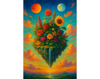 フローティングフローラルアイランドアートプリント：シュールな風景、太陽と月（デジタルダウンロード