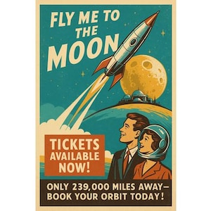 Fly Me to the Moon Retro Travel Poster | Vintage Sci-Fi Wall Art | Mid-Century Modern Digital Download | Space Rocket Printable