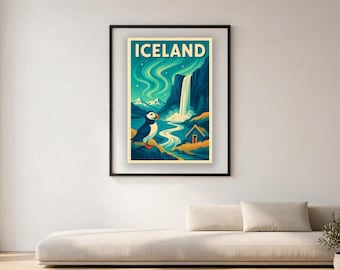 May include: A framed vertical poster featuring the word ICELAND at the top. The illustration depicts a puffin in the foreground, a waterfall cascading down dark cliffs, a small cabin, and green aurora borealis lights swirling in a starry night sky.