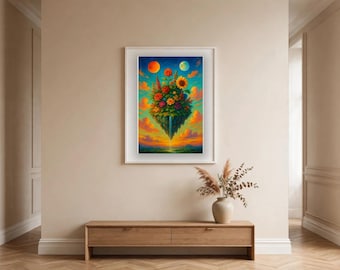 May include: A framed rectangular wall art print featuring a vibrant, surreal illustration of a floating island covered in colourful flowers, with a waterfall cascading into a sunset sky containing a glowing orange sun and a blue moon above clouds.