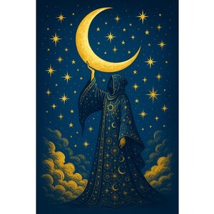 Mystic Wizard Moon Art Print: Witchcore Celestial Illustration (Digital Download
