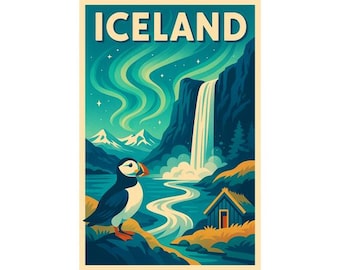 May include: A vintage-style travel poster for Iceland. The poster features a puffin, a waterfall, and the Northern Lights. The word "ICELAND" is at the top. The color palette includes blues, greens, and yellows.