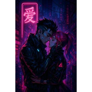 Neon Cyberpunk Lovers Print: Japanese Kanji Sci-Fi Art (Digital Download)