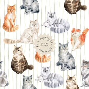May include: A repeating pattern of watercolor cats in various colors including orange, gray, and brown, set against a white background with thin vertical olive green lines. A central beige starburst shape contains the text Highlights & Hearts Design Studio 2026.