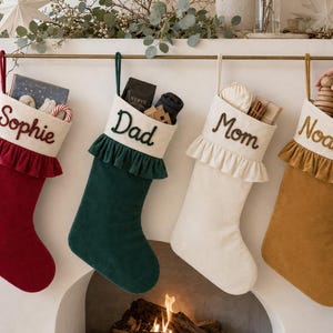 Custom Family Velvet Christmas Stocking: Raised Cord Name and Ruffle Trim