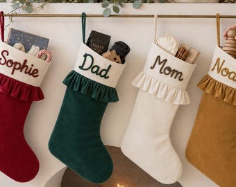 Custom Family Velvet Christmas Stocking: Raised Cord Name and Ruffle Trim