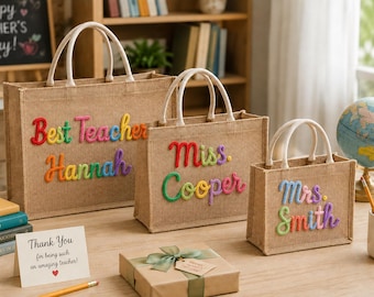 Borsa da lavoro personalizzata per insegnanti, borsa in tela di iuta personalizzata per libri, regalo per il ritorno a scuola