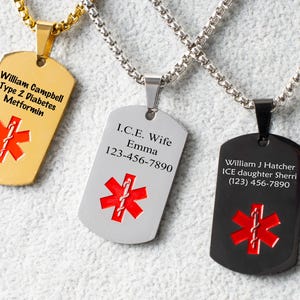 Personalized Stainless Steel Men&#39;s & Women&#39;s Medical Alert Necklace ID  Medical Necklace, Emergency Jewelry For Men Diabetes Necklace
