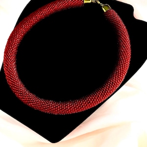 Red Beaded Crochet Necklace – Statement Rope Jewelry – Gift for Her – Seed Bead Jewelry – Ukrainian Artisan