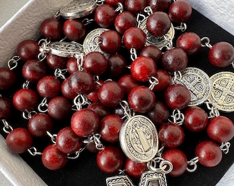 Handmade Blood Sandalwood Rosary – Saint Benedict Medal, Catholic Prayer Beads