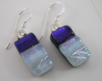 Earrings Purple Vanilla Creme, Fused Dichroic Glass, Silver Earwires, Shimmering Colors, Petite Dangles, Gift for MOM