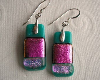 Earrings Flashy Pink Teal Purple -  Dichroic Fused Glass -  Fine Sterling Silver - Tropical Colors - Iridescent Glass - Lovingly Hand Made