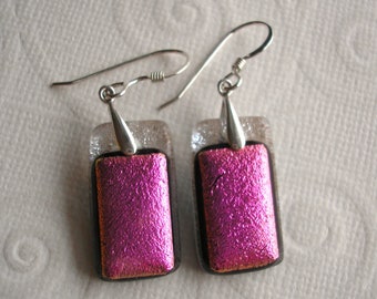 Earrings Bright Pink, Silver Dichroic, Fused Glass Dangles, Fine Silver, Handmade by Artist, Made in U.S.A., Bold Earrings, Bohemian Style