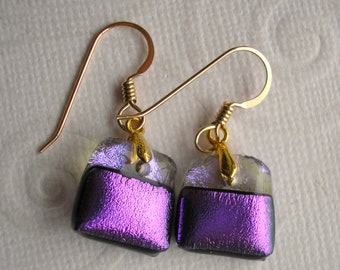 Dichroic Dangles, Choose A Color, 14K GF Earrings, Lightweight Earrings, Fused Glass, Handmade in Connecticut USA, csmArtGlass