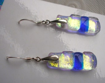 Earrings Brilliant Blue with Gold &  Fuchsia,  Dichroic Glass Jewelry,  Sterling Wires and Bails Fine Jewelry Handcrafted by Glass Artist