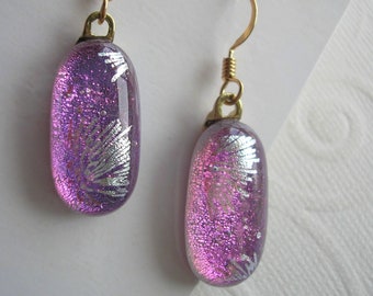 Dichroic Earrings Sparkling Purple Shifting Colors Gold Earwires Fused Glass Jewelry Purple Dangle Drop Glass Fireworks ArtGlass CSM Dichro