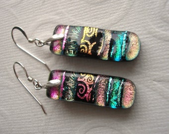 Dichroic Glass Earrings, Bands of Color, Pinks and turquoise on black, Unique Design & Shape, Hand Made Glass Jewelry, Fused Glass Dangles