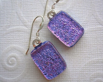 Sparkly Purple Earrings, Dichroic Fused Glass, Hand Crafted, Sterling Silver Dangles, Purple Jewelry, Women's Gift, Valentines Day