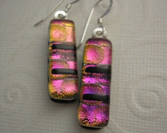Dichroic Glass Earrings, Pink Mango with Black Stripes, Fine Silver Earwires, Color Shifting Glass Earrings, Fused Glass, Pink Jewelry Boho