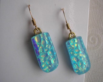 Turquoise Dangle Earrings, 14K Gold Filled Earwires, Dichroic Fused Glass Jewellry, Iridescent Blue Earrings, Sparkle Glass, Island Colors