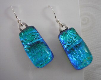 Sparkle Glass Blue Earrings, Dichroic Fused Glass, Silver Dangles, Color Shifting Glass, Sparkly Blue Earrings for her, Tropical Color